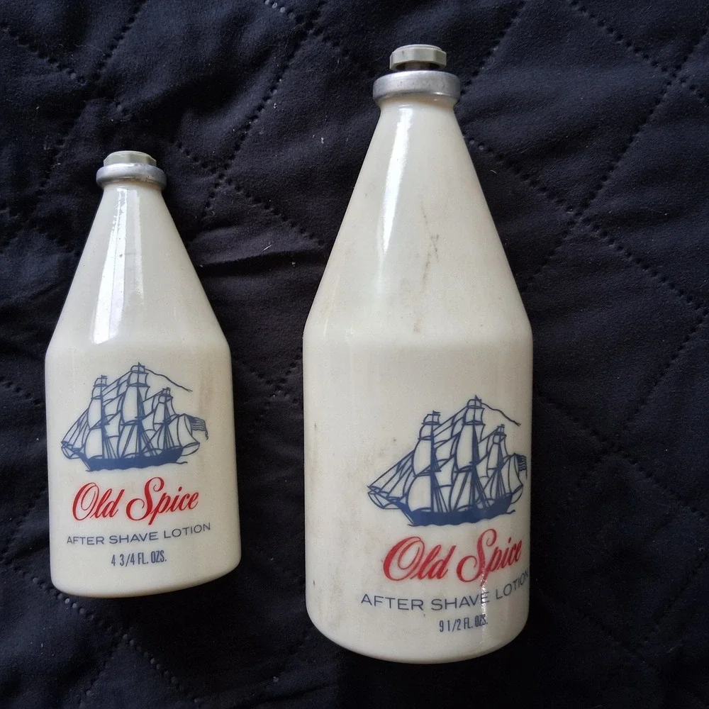 2 - Vintage Old Spice 70s After Shave Lotion 9.50 -4.75 Fl oz Glass Bottles